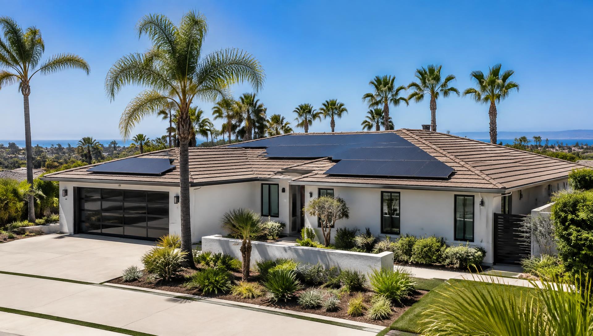 Solar panels installed on a modern San Diego, California home in bright sunlight